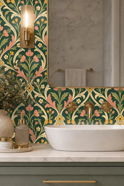 Neutral-toned living space featuring Cathedral Leafwork wallpaper in green with peach and gold accents