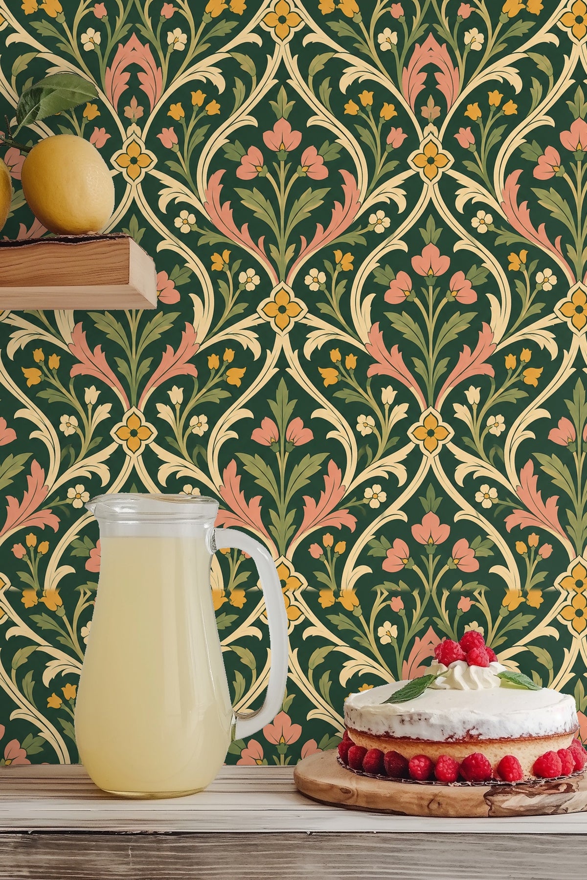 Room view with Cathedral Leafwork wallpaper under natural light