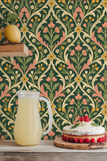 Room view with Cathedral Leafwork wallpaper under natural light