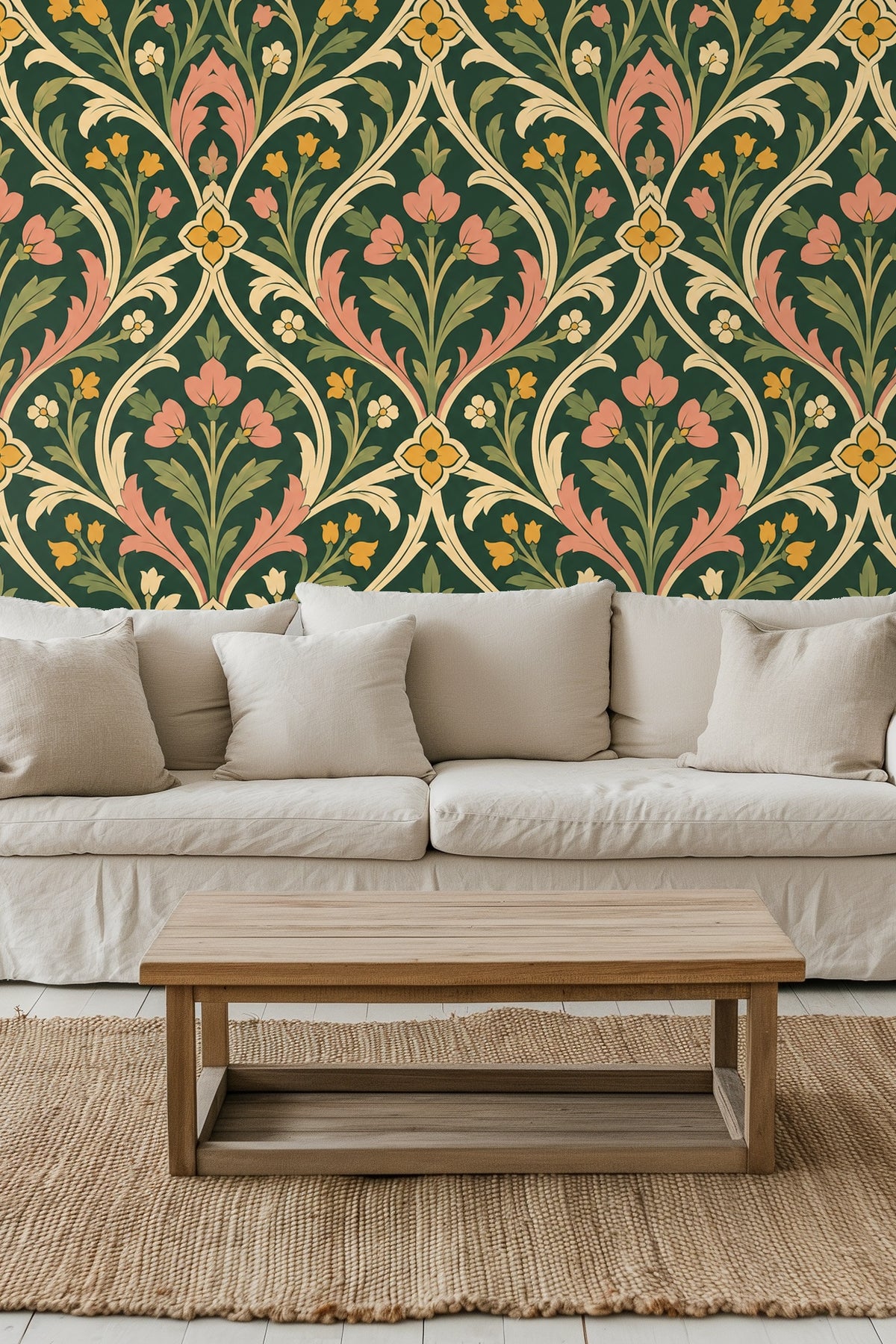 Living room with orange sofa and Cathedral Leafwork wallpaper in deep green, peach, and gold