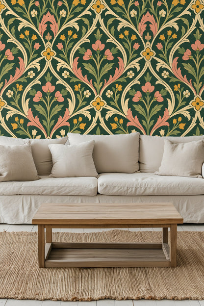 Living room with orange sofa and Cathedral Leafwork wallpaper in deep green, peach, and gold