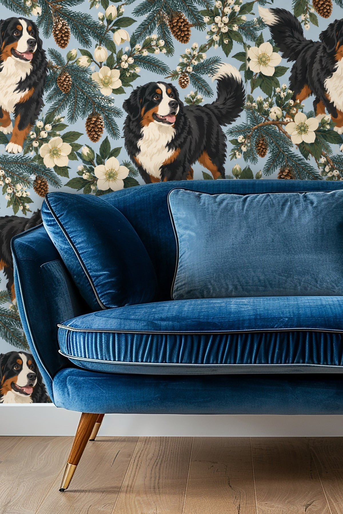 Wallpaper detail showing Bernese Mountain Dogs, spruce branches, pinecones, and white flowers on blue background