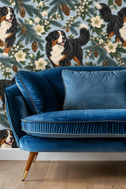 Wallpaper detail showing Bernese Mountain Dogs, spruce branches, pinecones, and white flowers on blue background