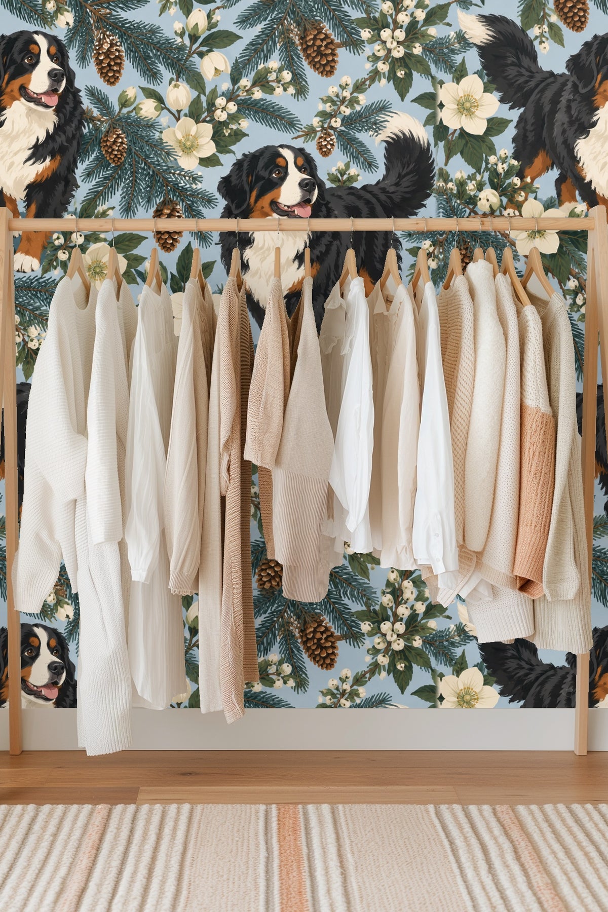 Repeat pattern showing multiple Bernese dogs amid botanical elements