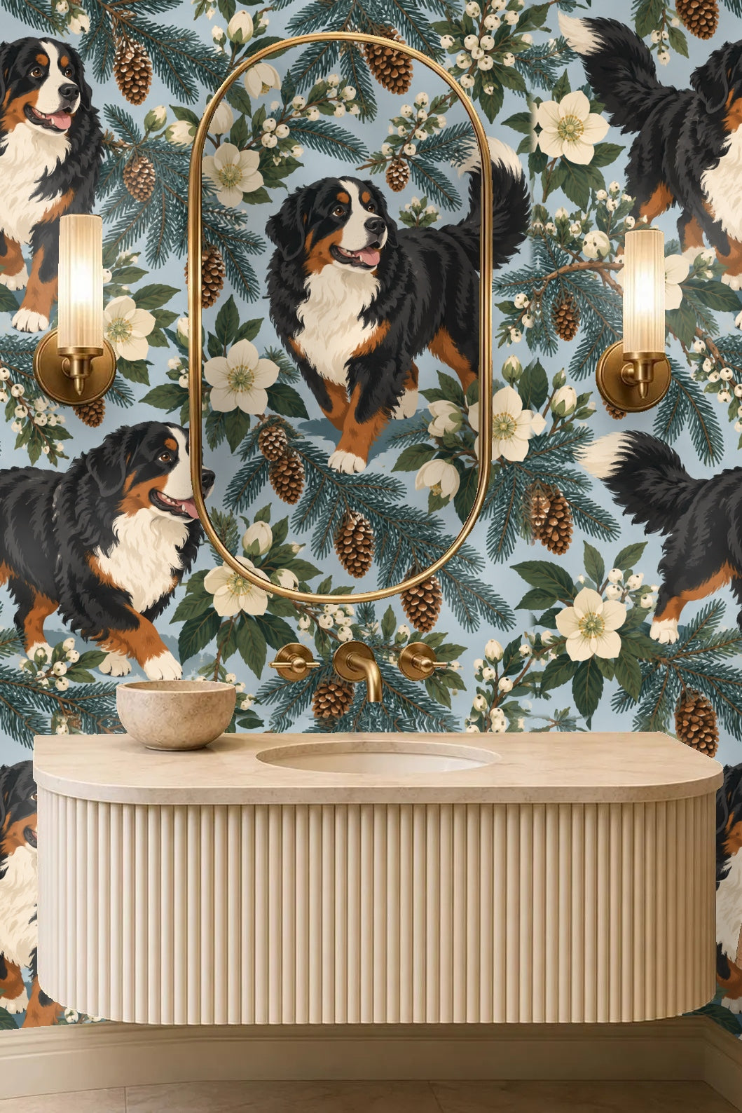 Portion of wallpaper displaying three Bernese Mountain Dogs amidst flowers and pine needles