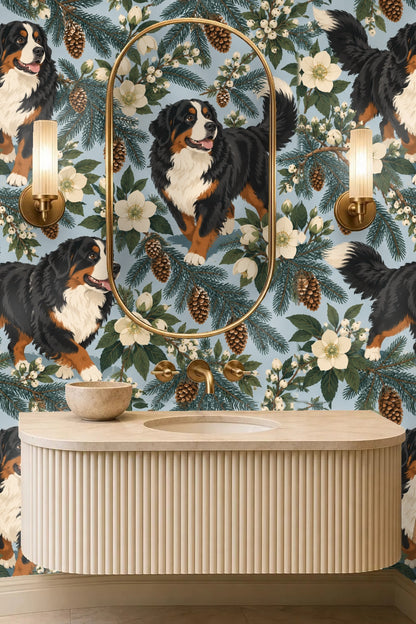 Portion of wallpaper displaying three Bernese Mountain Dogs amidst flowers and pine needles