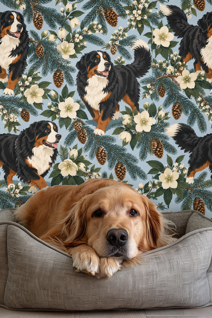 Close-up of Bernese Mountain Dog motif surrounded by pinecones and flowering branches
