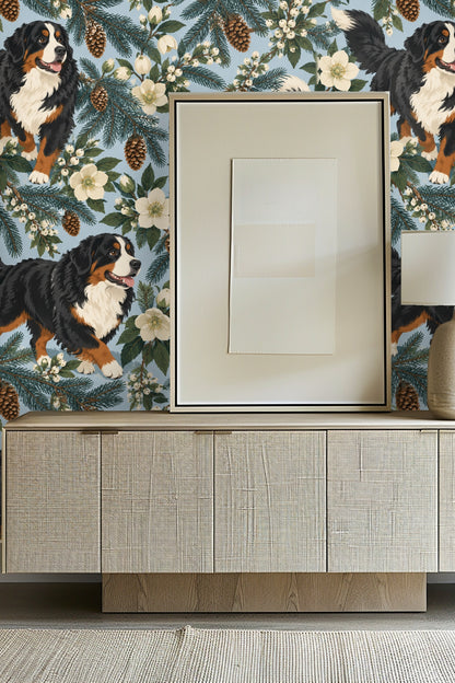 Bathroom scene with Winter Spruce Bernese wallpaper, gold towel ring, and white towel