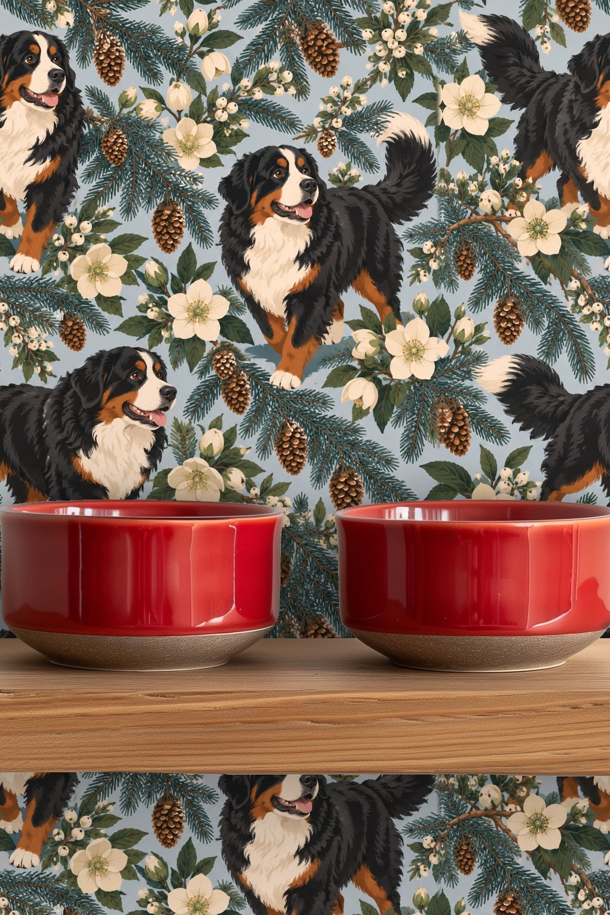 Wallpaper with soft blue background and naturalistic botanical and animal motifs
