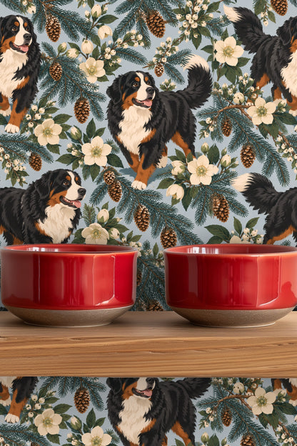 Wallpaper with soft blue background and naturalistic botanical and animal motifs