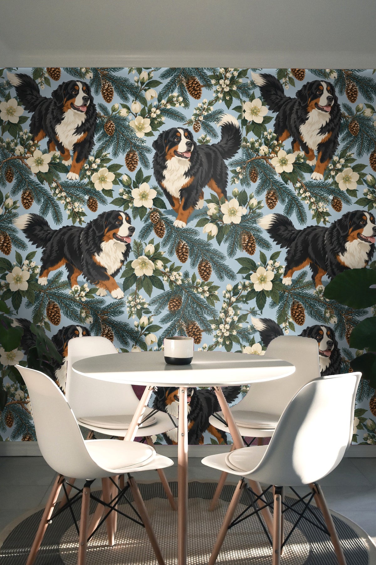Blue velvet sofa styled against wallpaper to highlight color coordination