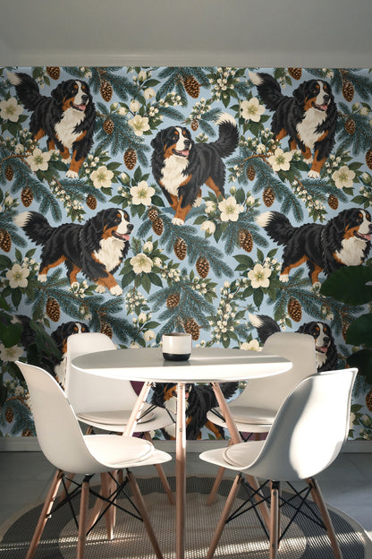Blue velvet sofa styled against wallpaper to highlight color coordination