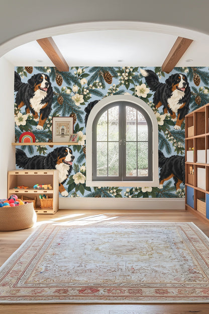 Detailed view of spruce needles and pinecones in wallpaper pattern