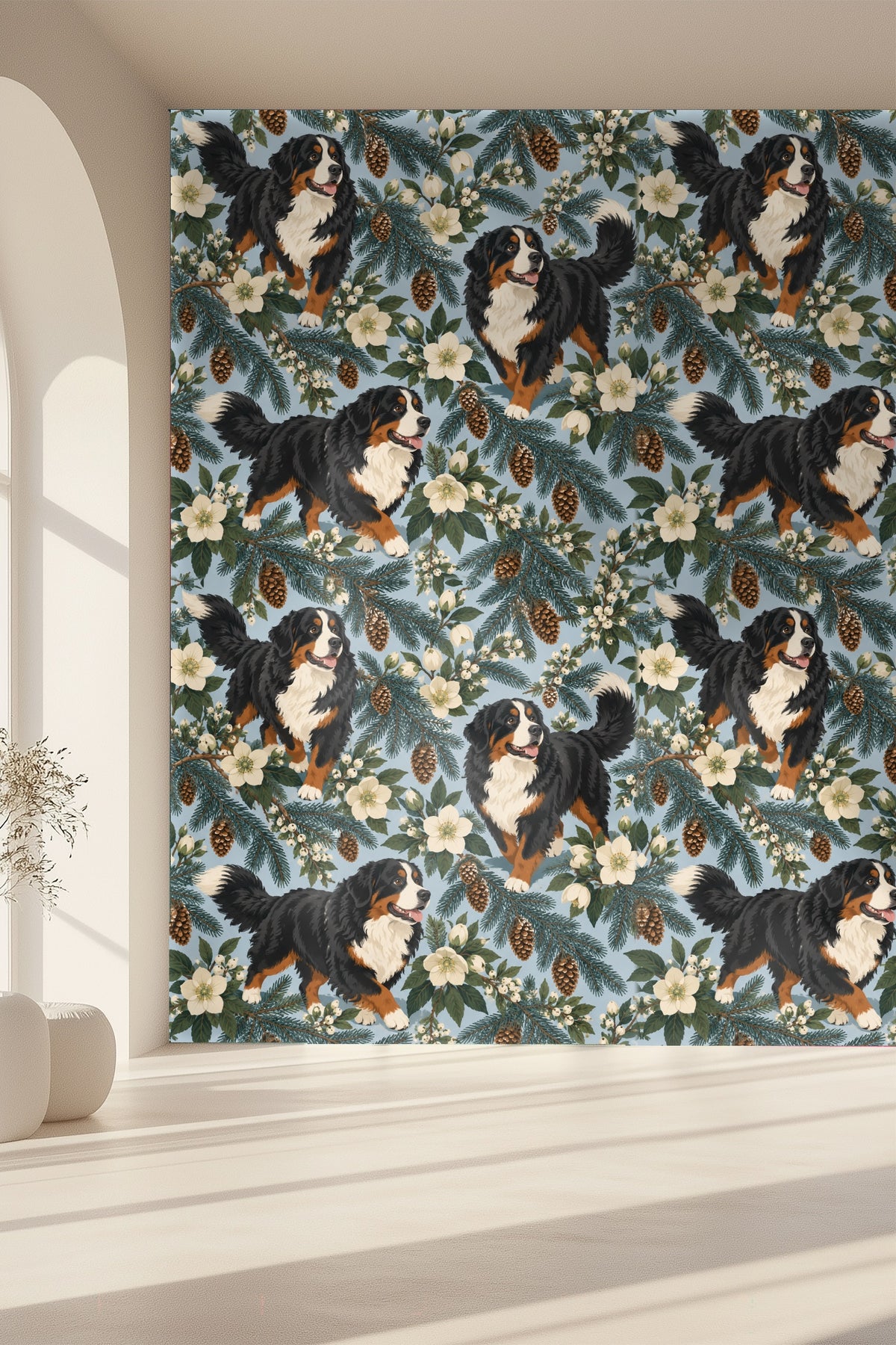 Overall wallpaper spread illustrating scale of dogs and pinecones
