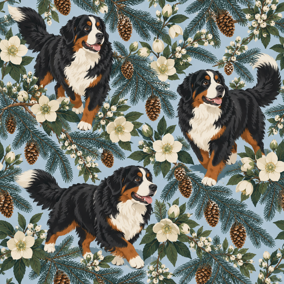 Artistic wallpaper composition blending winter foliage and canine figures