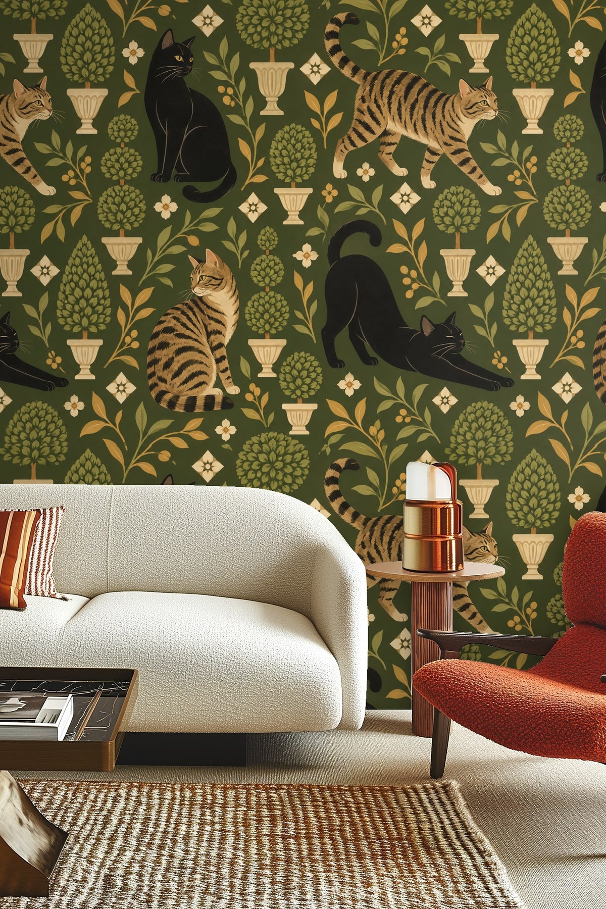 Living room with olive green wallpaper featuring black and tabby cats and topiary trees behind light wood table