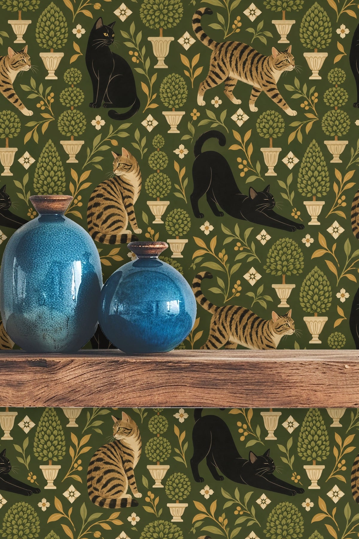 Black cat stretching gracefully on olive green floral wallpaper