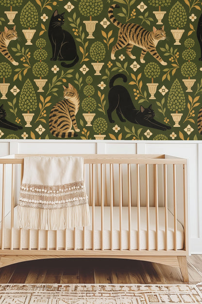 Close view of wallpaper texture revealing intricate linework on cats and foliage
