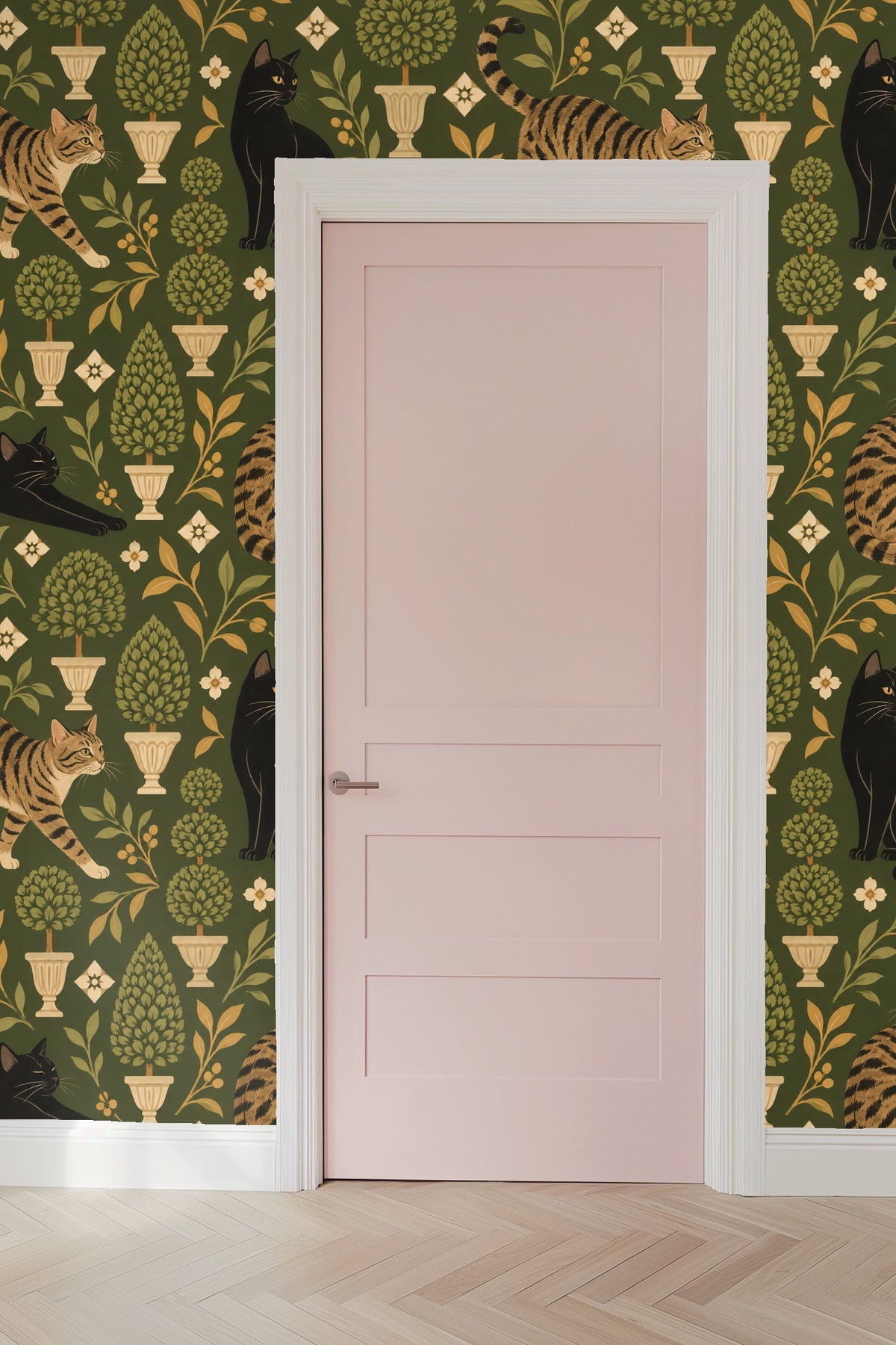 Pattern repetition showing cats stretching and sitting alongside garden urns and foliage