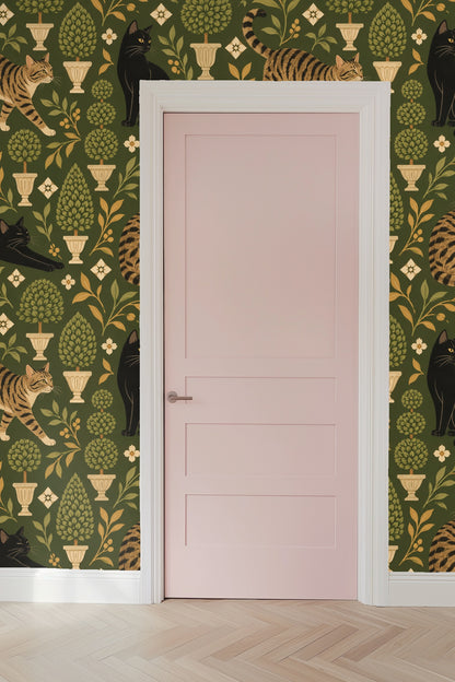 Pattern repetition showing cats stretching and sitting alongside garden urns and foliage