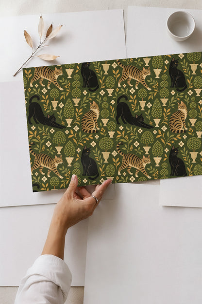 Photography of wallpaper pattern in modern room setting with natural wood furniture