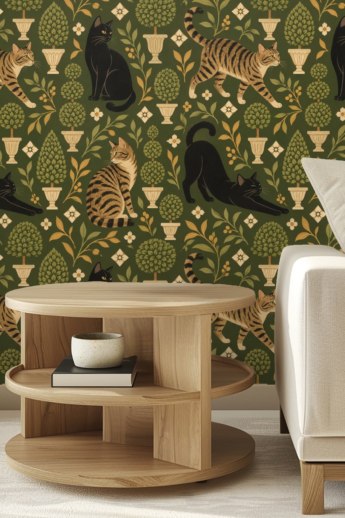 Wallpaper pattern with black and tabby cats among olive green topiary trees in cream urns