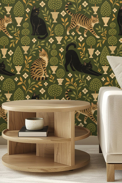 Wallpaper pattern with black and tabby cats among olive green topiary trees in cream urns