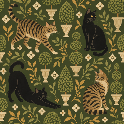 Evening light casting shadows on botanical cat wallpaper in saturated olive green tones