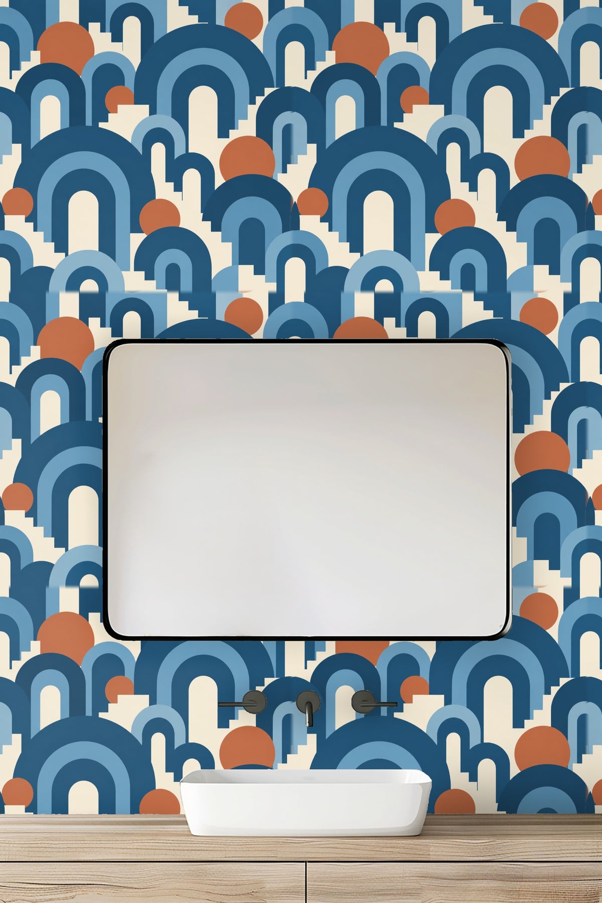 Pattern detail showing layered arches in navy and cerulean blue with solid circles.