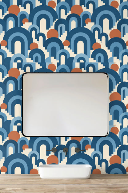 Pattern detail showing layered arches in navy and cerulean blue with solid circles.