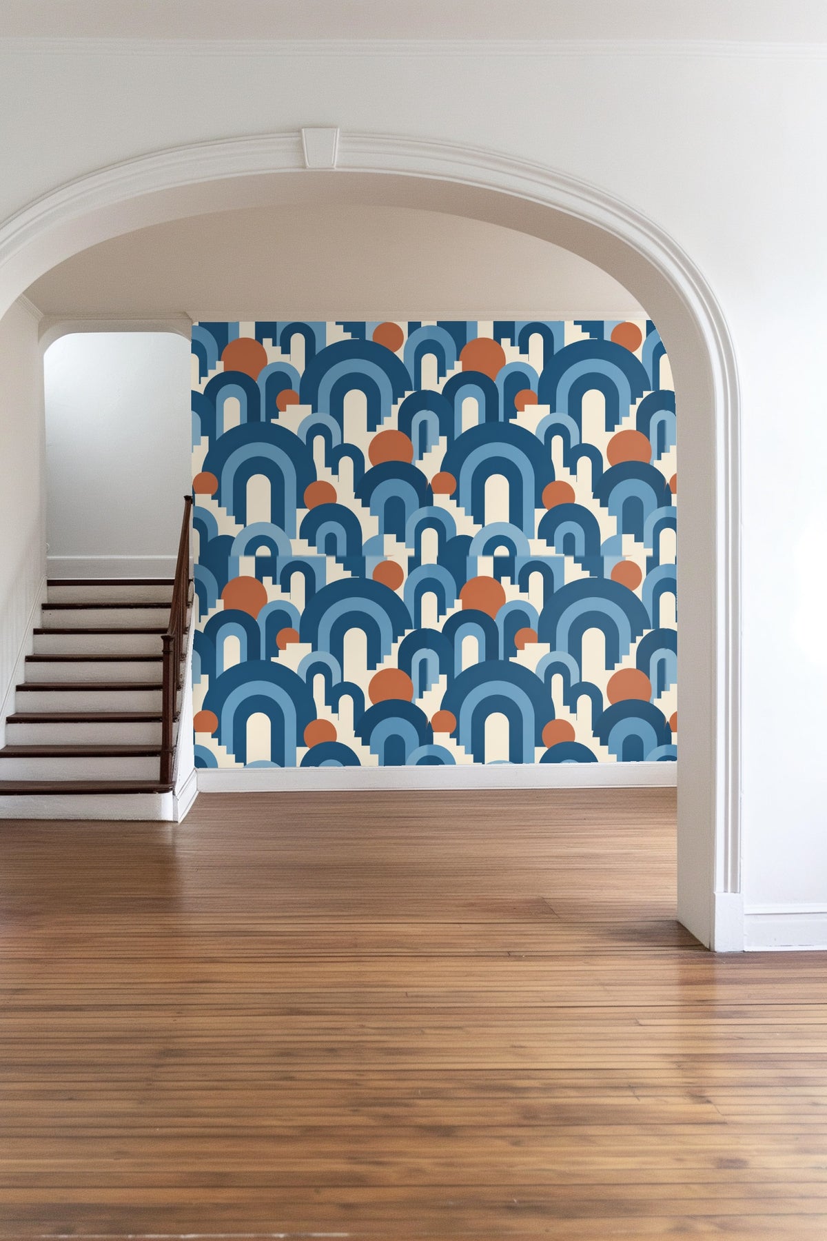 Artful wallpaper design combining retro blues and warm terracotta against cream.