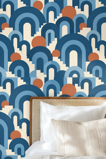 Side angle showing wallpaper's graphic pattern enveloping a nursery space.