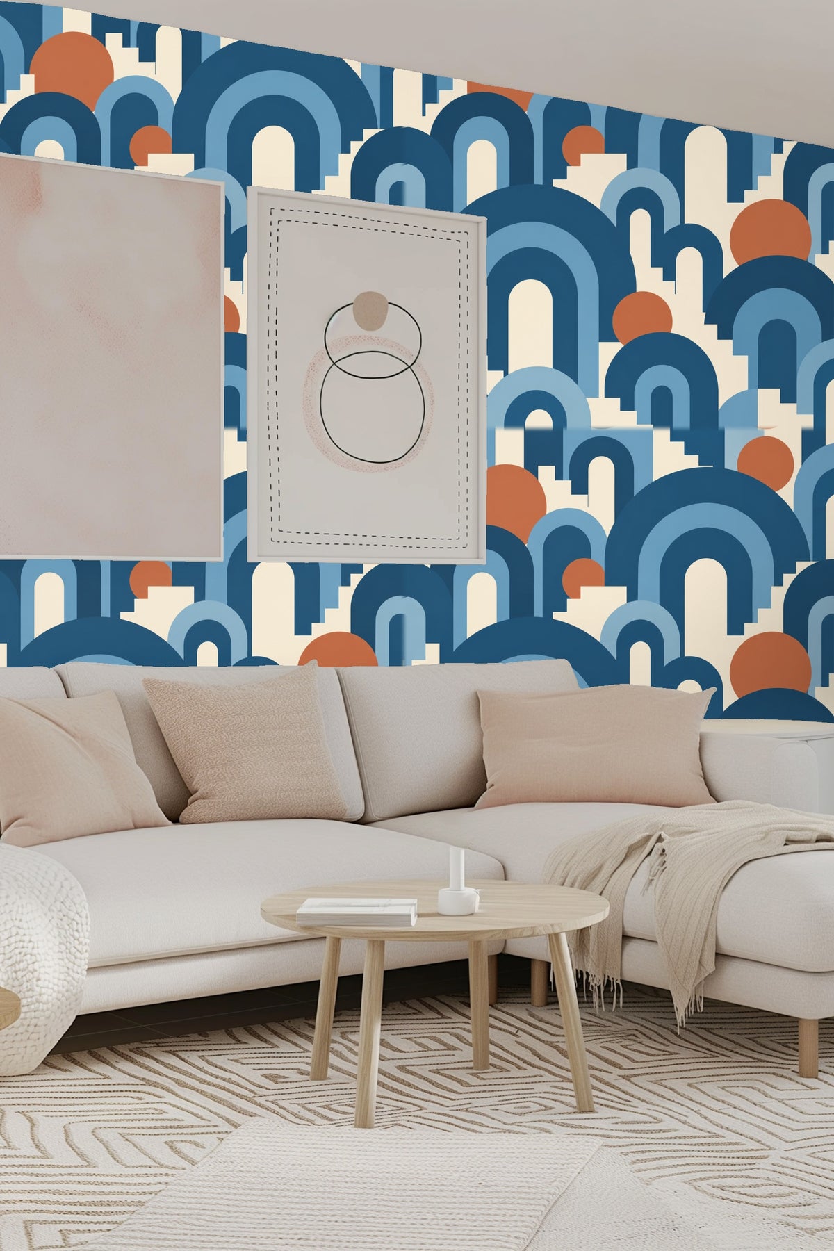 Nursery featuring the blue arch and terracotta circle wallpaper behind a light wooden crib.