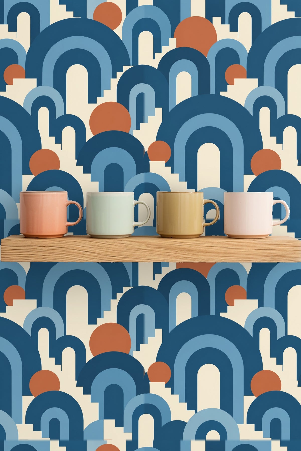 Wallpaper pattern with repeating stepped arches and circular forms in contrasting colors.