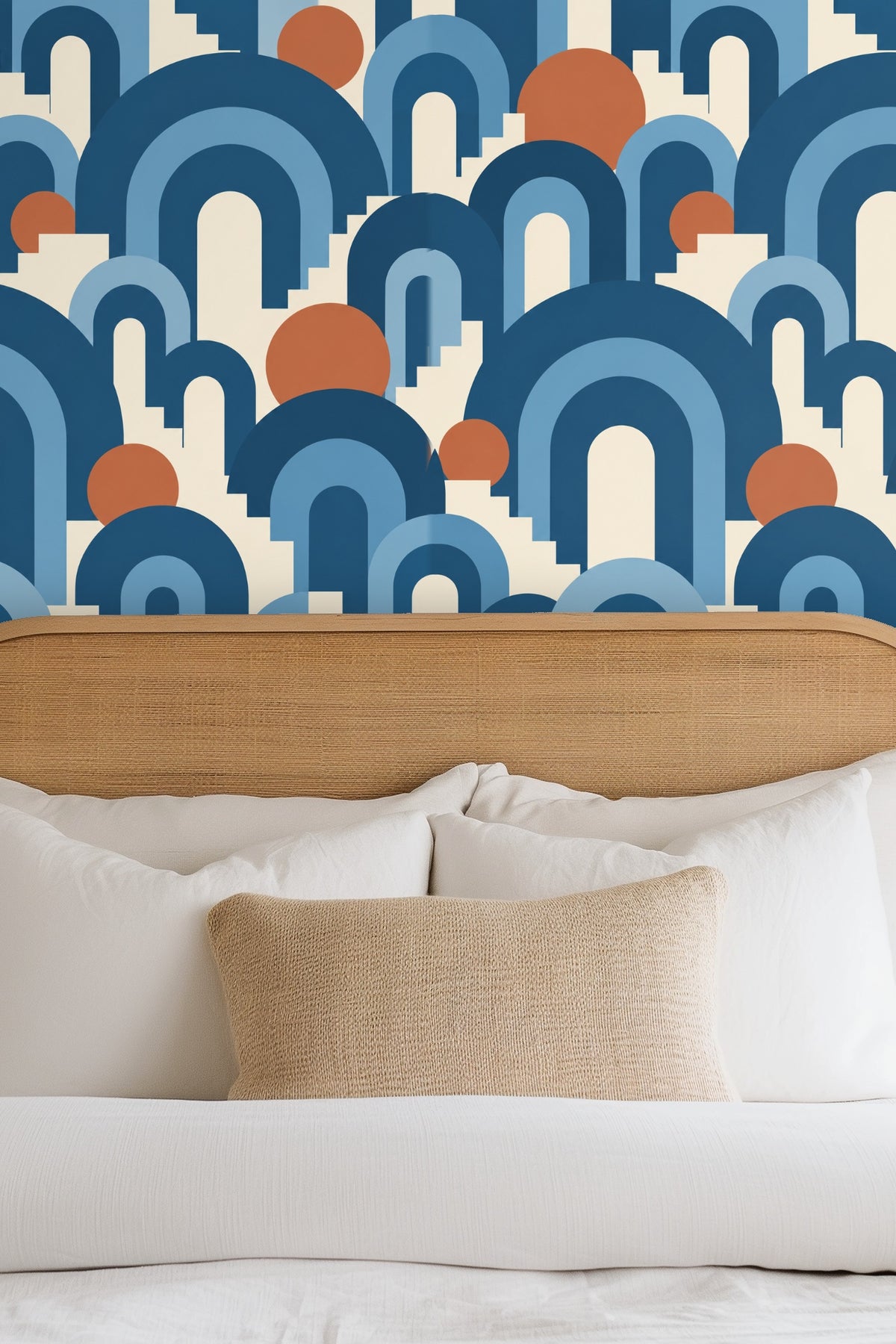 Segment of wallpaper emphasizing the interplay between curved arches and stair-like edges.