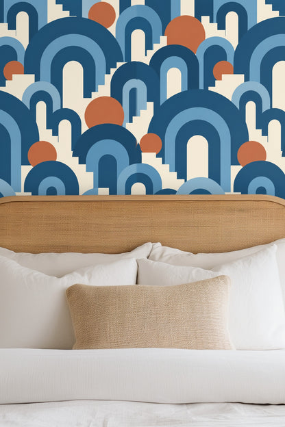 Segment of wallpaper emphasizing the interplay between curved arches and stair-like edges.