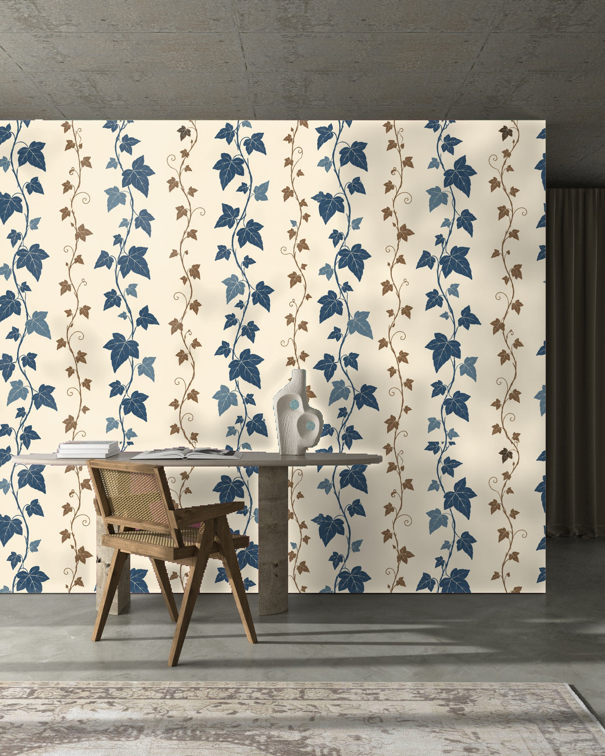 Pattern repeat shown across a wide wall with visible floorboard and rug to indicate scale