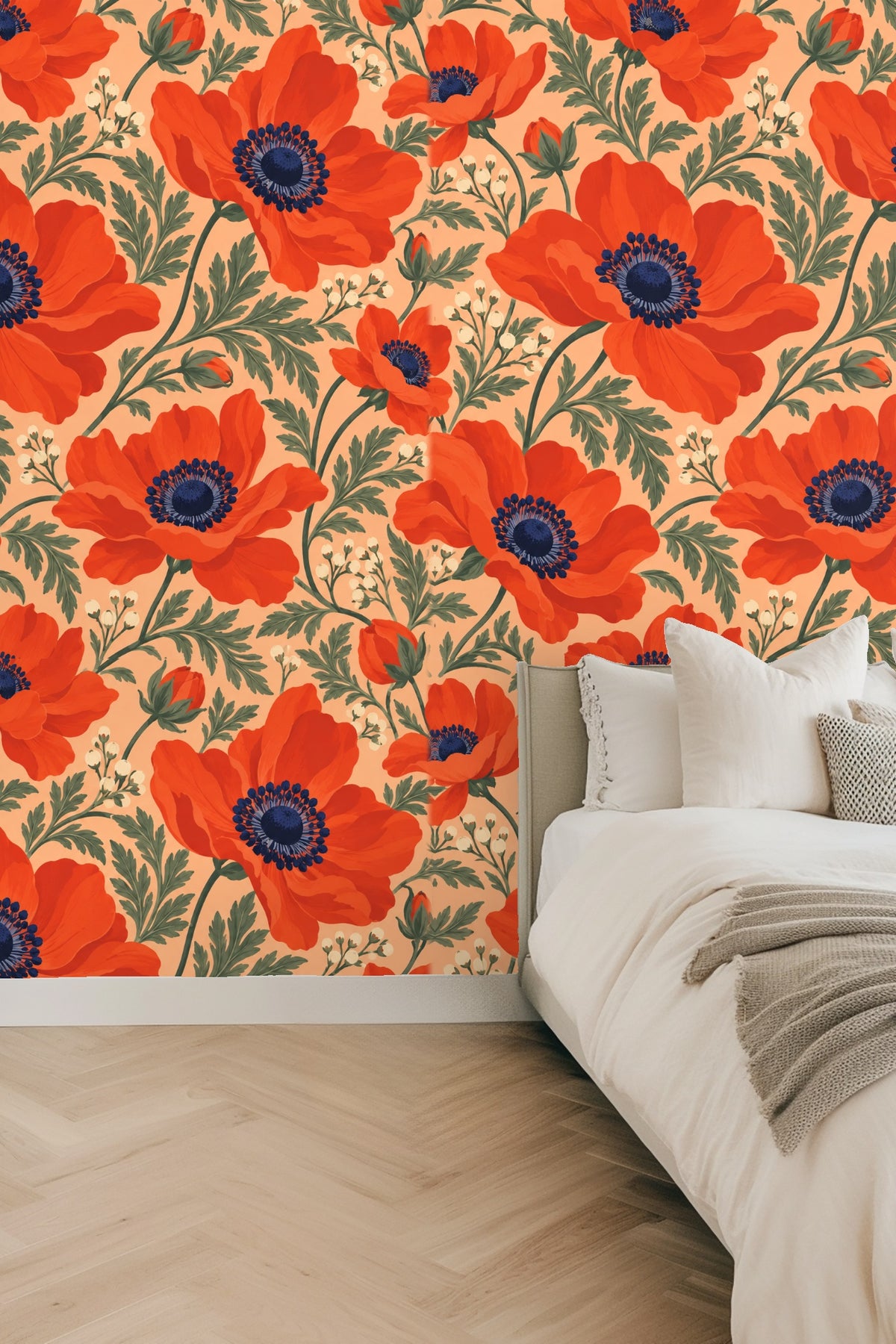 Close-up of wallpaper artwork featuring bright orange-red anemone flowers with dark blue centers and green leaves on a peach background