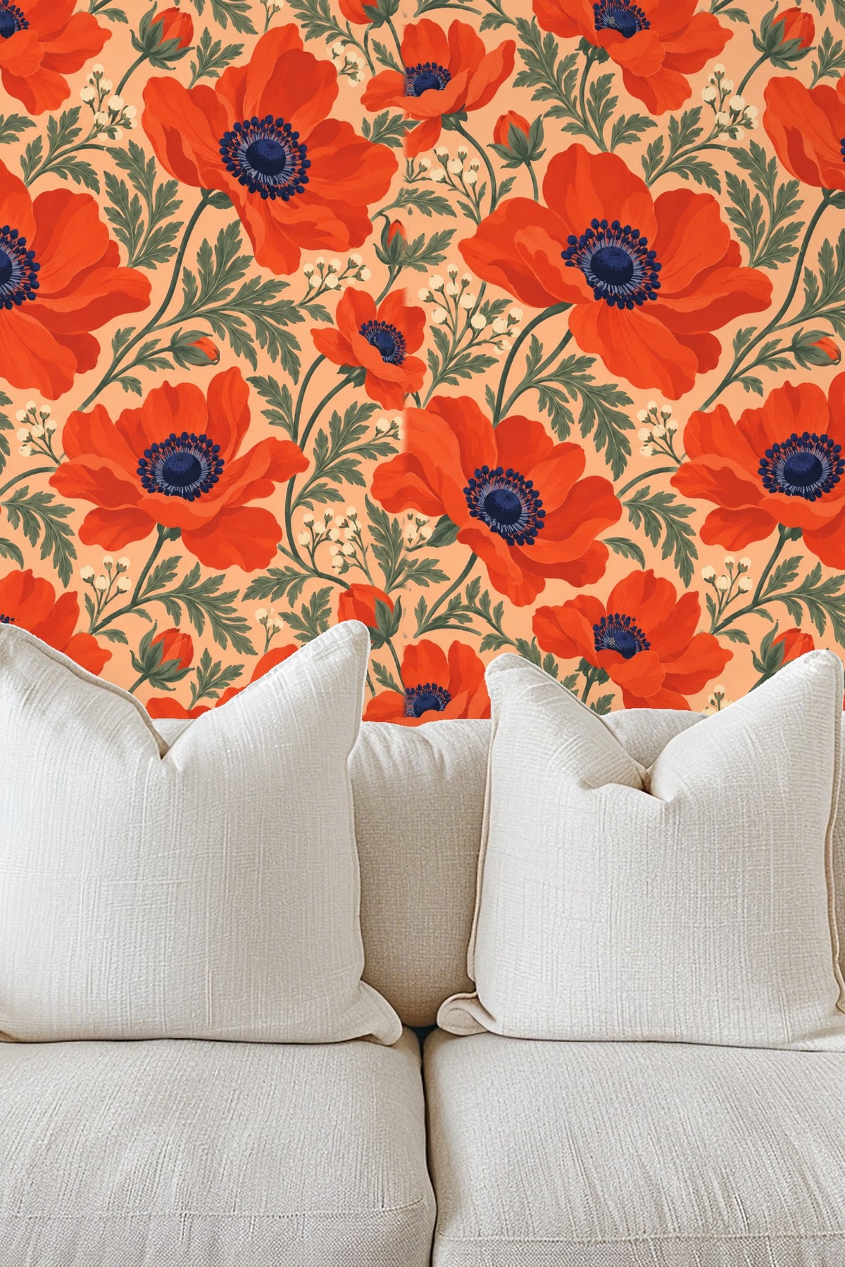 Detail of large single persimmon orange anemone flower with dark blue center