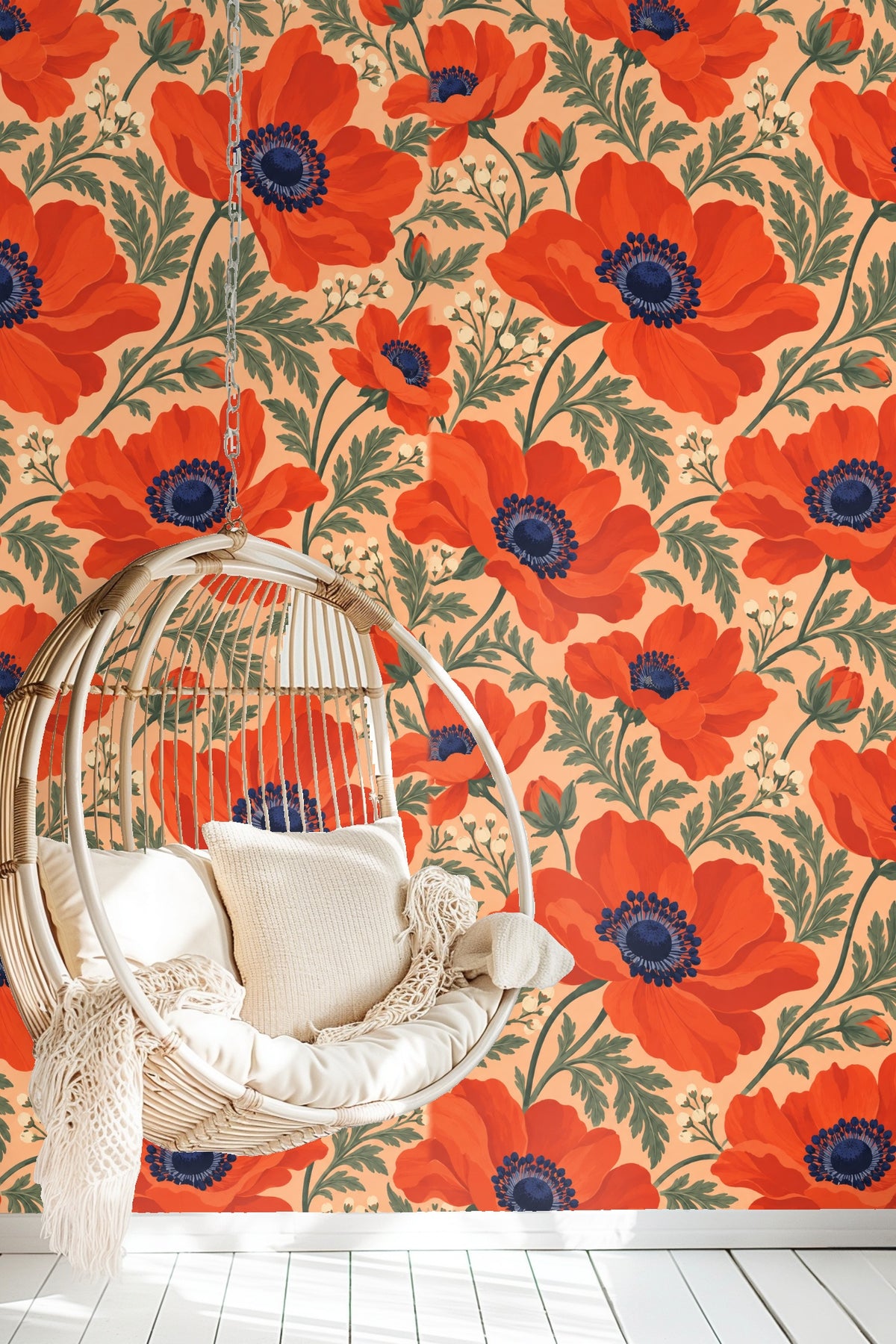 Partial view of wallpaper behind a bed showing scale of large floral motifs