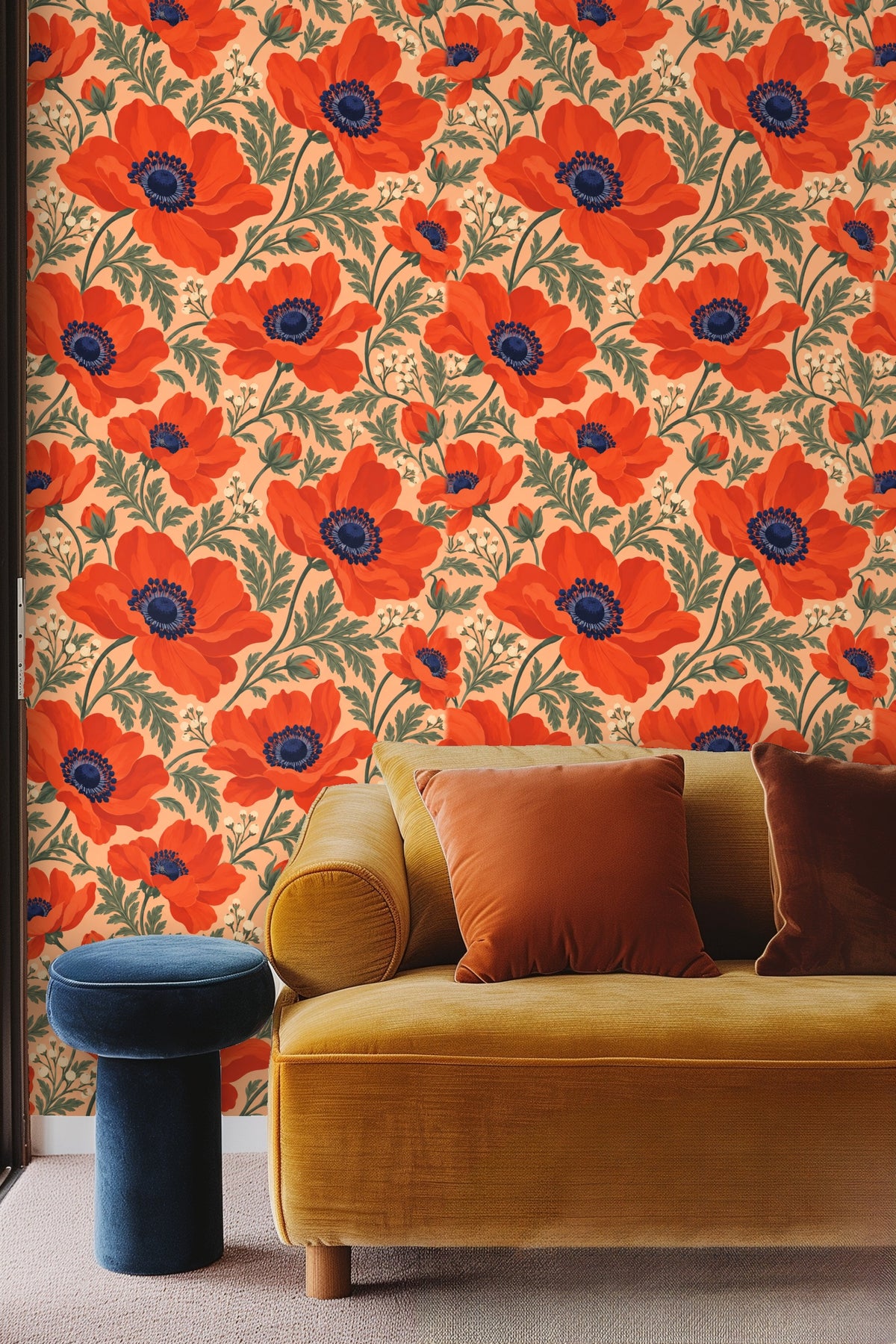 Wallpaper pattern showing repeated persimmon anemone motifs with shaded petals and dark centers