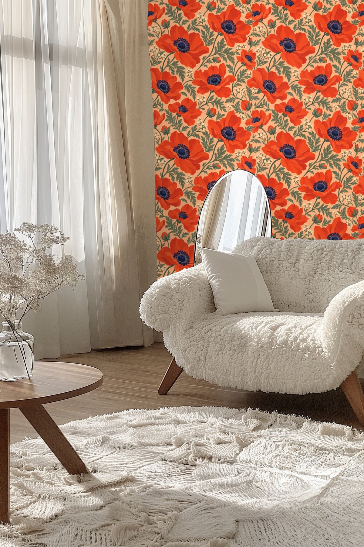 Bedroom wall decorated with vibrant persimmon anemone wallpaper behind a beige bed with white pillows
