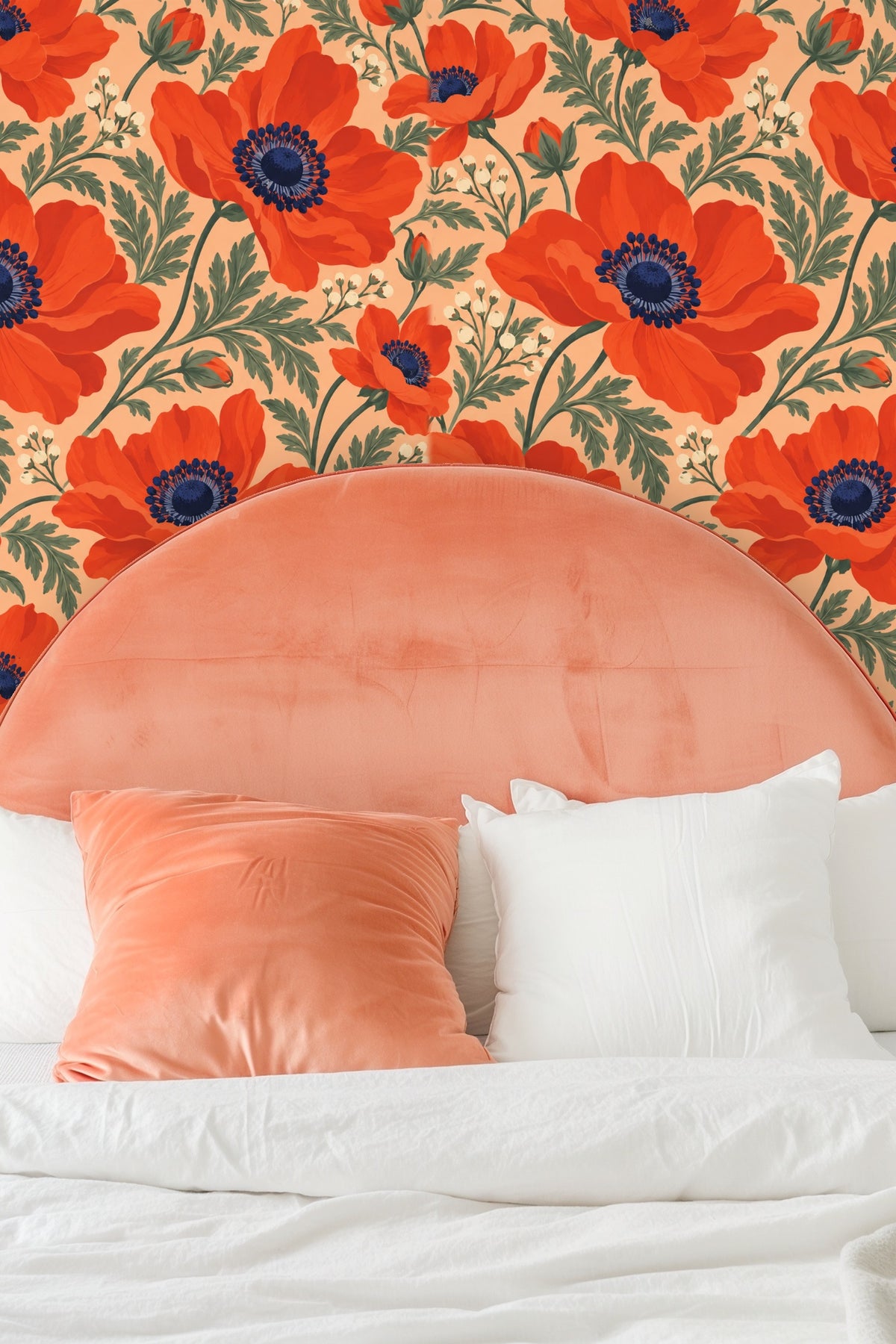Full wall perspective of lively persimmon orange anemone pattern with peach backdrop