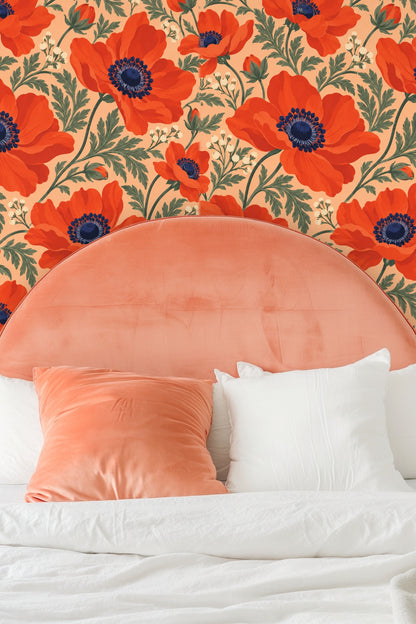 Full wall perspective of lively persimmon orange anemone pattern with peach backdrop