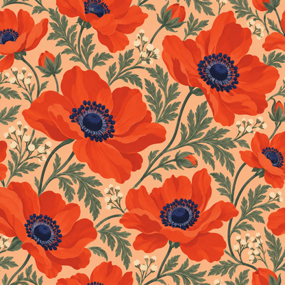 Stylized botanical wallpaper featuring warm toned flowers contrasted by cool blue centers on peach ground