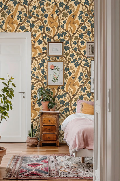Repeating pattern detail showing intricate linework on gibbons' fur and twisting vines with clusters of small berries