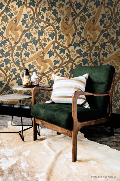 Textural detail of the wallpaper surface emphasizing fine botanical and animal illustrations