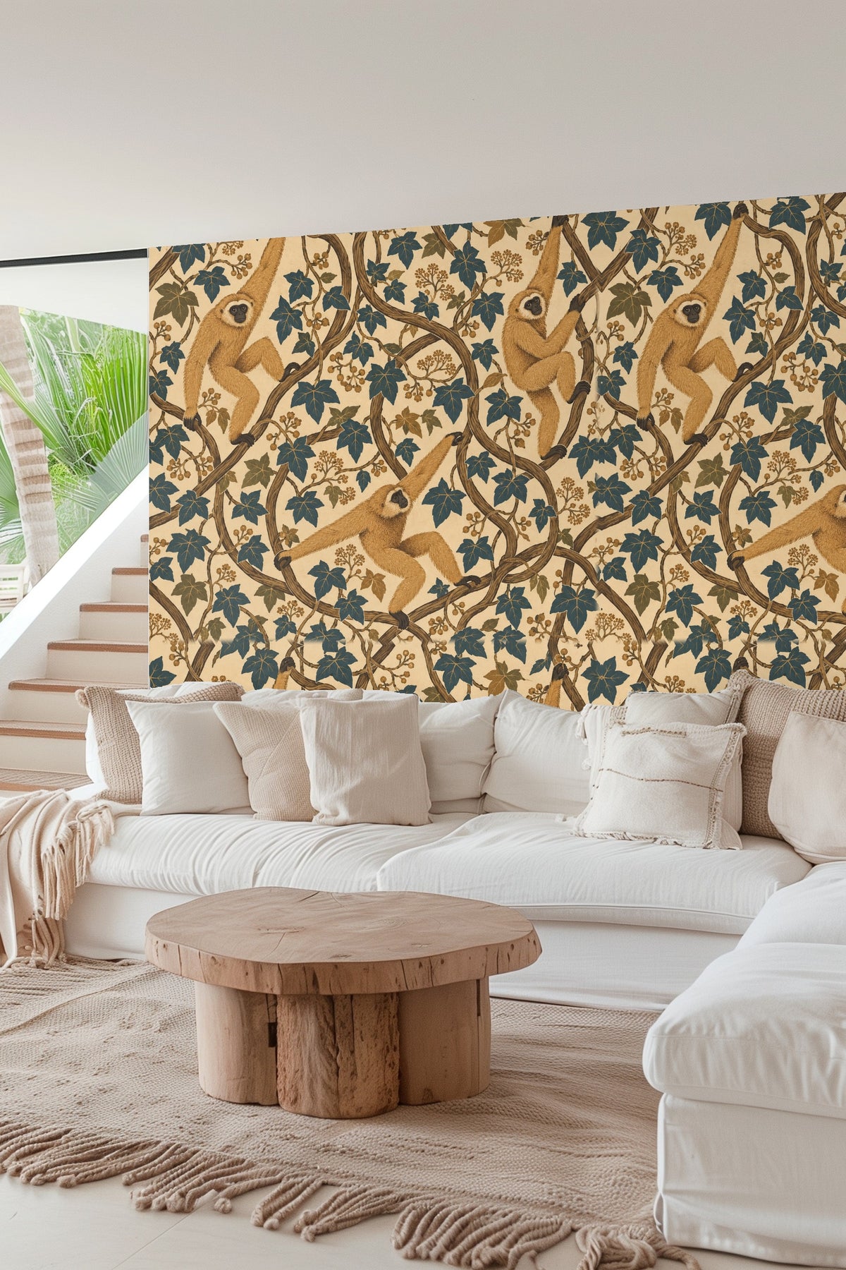 Cozy room scene enhancing the wallpaper's natural color palette with muted orange and rose tones