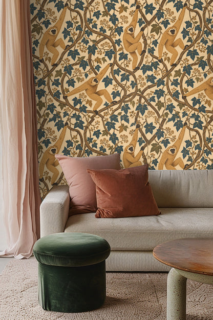 Blue ivy leaves and golden brown vines weaving across a warm cream backdrop