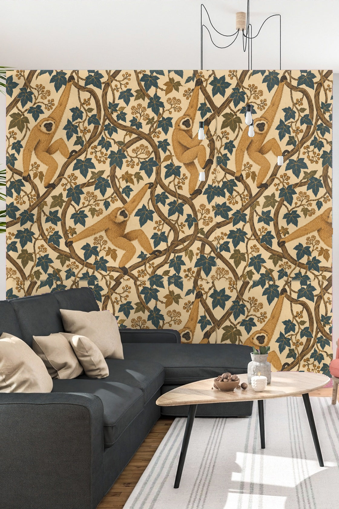 Bedroom ambiance created by the wallpaper’s playful gibbon motif complementing neutral textiles